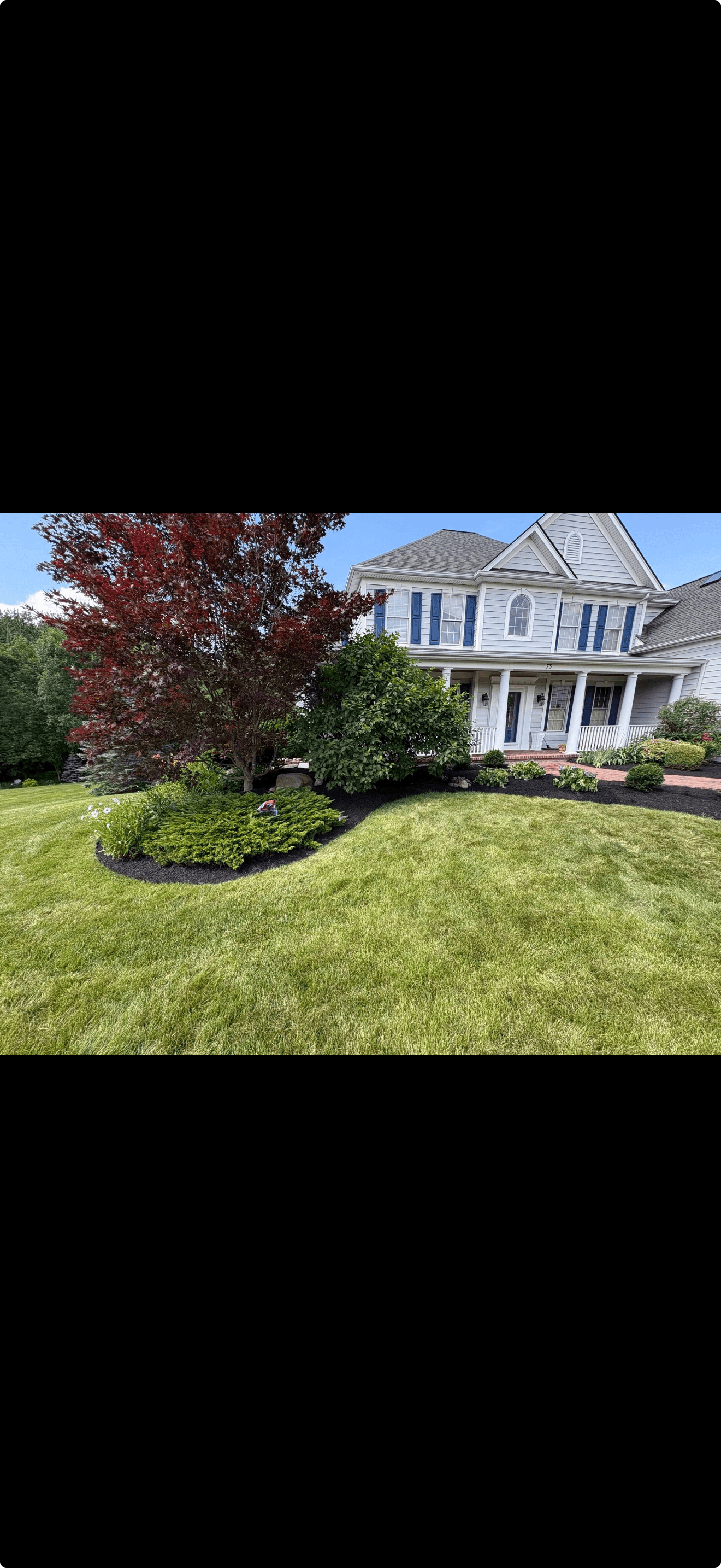 Beautiful front yard landscaping with Japanese maple, shrubs, and fresh mulch borders